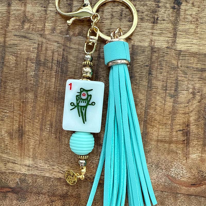Personalized Handmade Mahjong Tile Bag Charm with Tassel Mixed Beads Gift for Mahjong Lovers