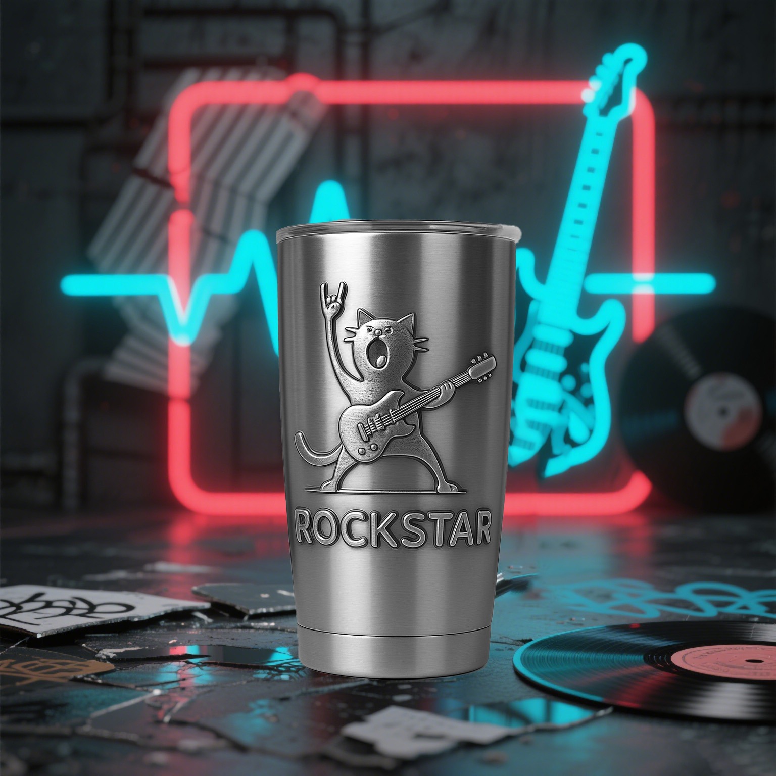 Personalized Rock Cat Stainless Steel Tumbler Custom Name Gift for Guitarists Band Members Music Lovers for Performances Birthdays Holiday Parties