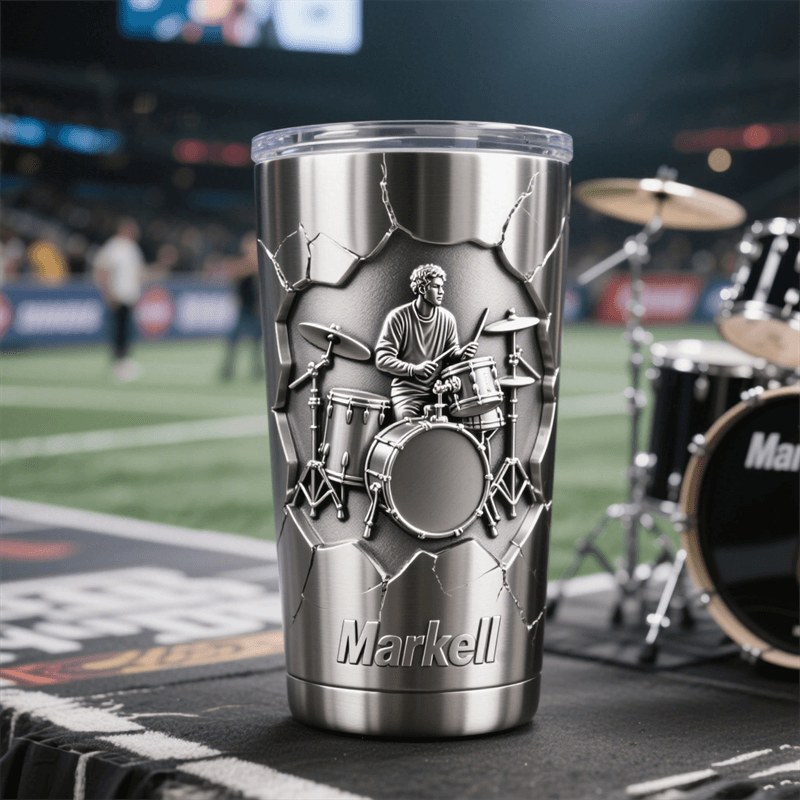 Personalized Drum Set Character Theme Stainless Steel Tumbler Custom Name Gift for Drummers Band Members Music Lovers for Performances Birthdays Holiday Parties
