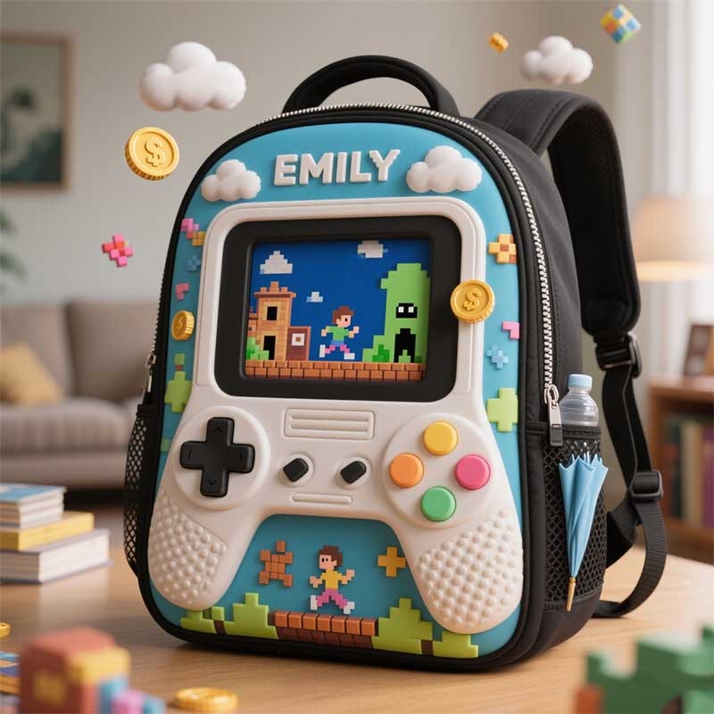 Personalized Children's Game Console Backpack Custom Name for Kids Game Lovers Birthday Black to School Christmas Gift