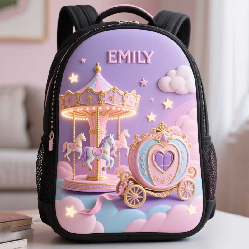 Personalized Kids Magic Fairytale Carousel Backpack Custom Name for Kids Magic Lovers Birthday Black to School Christmas Gift