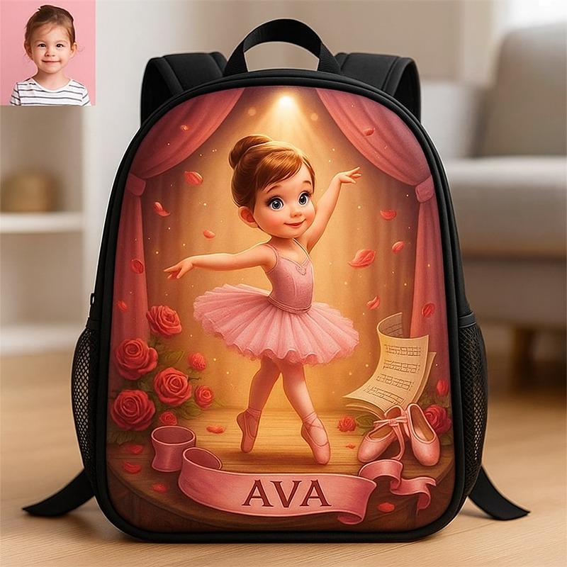 Personalized Ballet Girl Cartoon-Themed Schoolbag Custom Photo and Name for Kids Birthday Black to School Christmas Gift