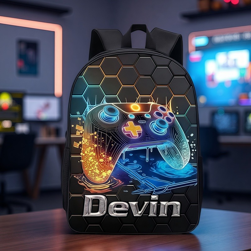 Personalized Gaming Controller Backpack Custom Name for Kids Geek Game Lovers Birthday Black to School Christmas Gift