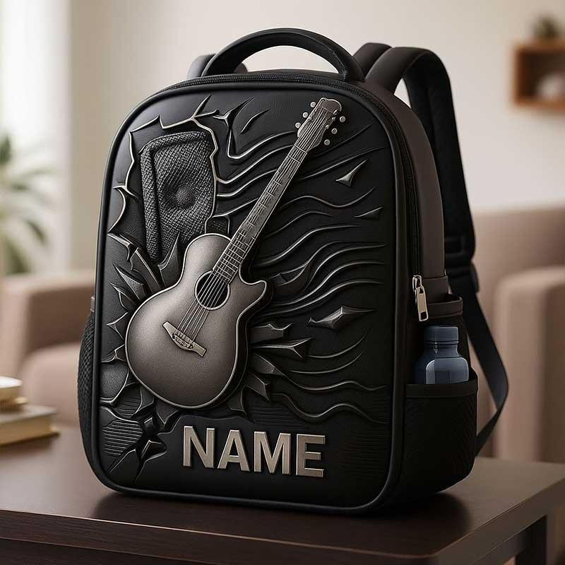 Personalized Guitar-Themed Schoolbag Custom Name for Kids Music Lovers Birthday Black to School Christmas Gift