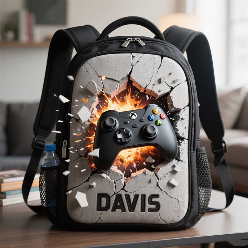 Personalized Game Controller Cracked Theme Backpack Custom Name for Kids Geek Game Lovers Birthday Black to School Christmas Gift