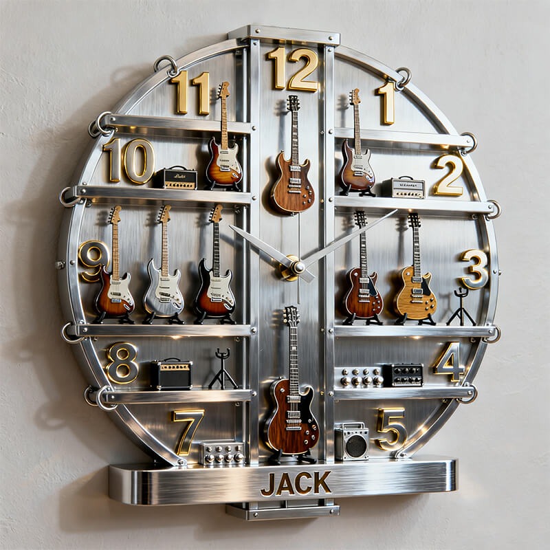 Personalized Guitar Display Tower Theme Wall Clock Unique Custom Name and Style Gift for Music Lovers Guitarist for Home and Music Studio