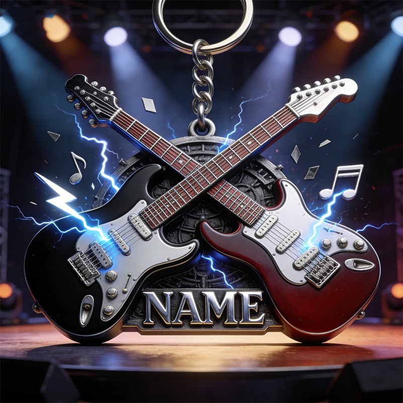 Personalized Electric Guitar Stage Lightning Theme Keychain Custom Name and Style Gift for Guitarist Music Lovers