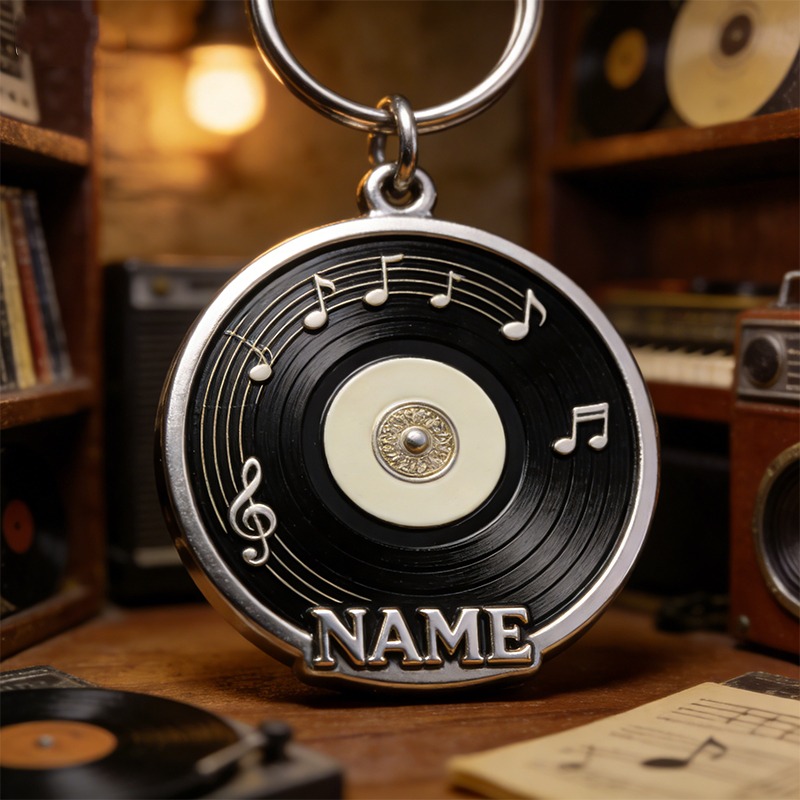 Personalized Vinyl Record Rotating Track Themed Keychain Custom Name and Style Gift for Music Lovers
