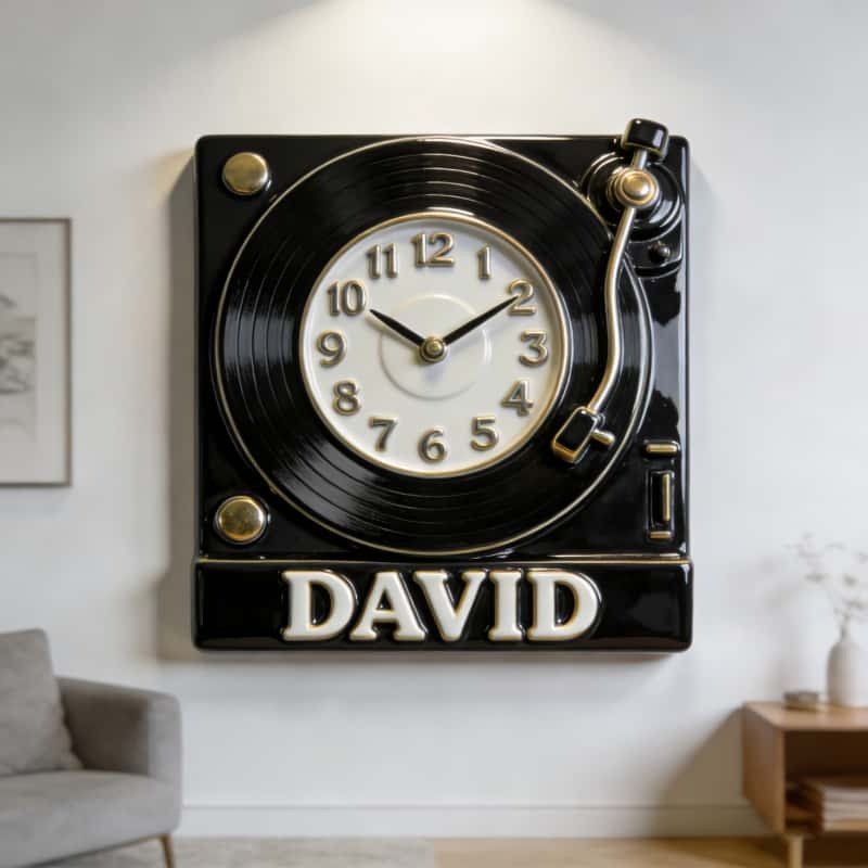 Personalized Vinyl Record Player Themed Wall Clock Unique Custom Name Gift for Music Lovers for Home and Music Studio