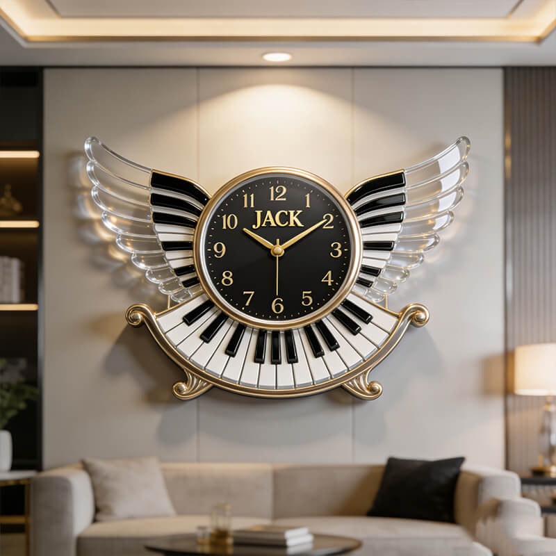 Personalized Piano Wings Themed Wall Clock Unique Custom Name Gift for Pianist Music Lovers for Home and Music Studio