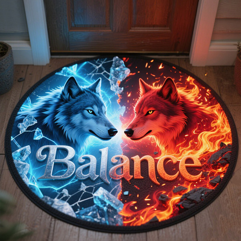Personalized 3D Balance of Fire & Ice Wolves Rug for Book Lovers Movie Lovers