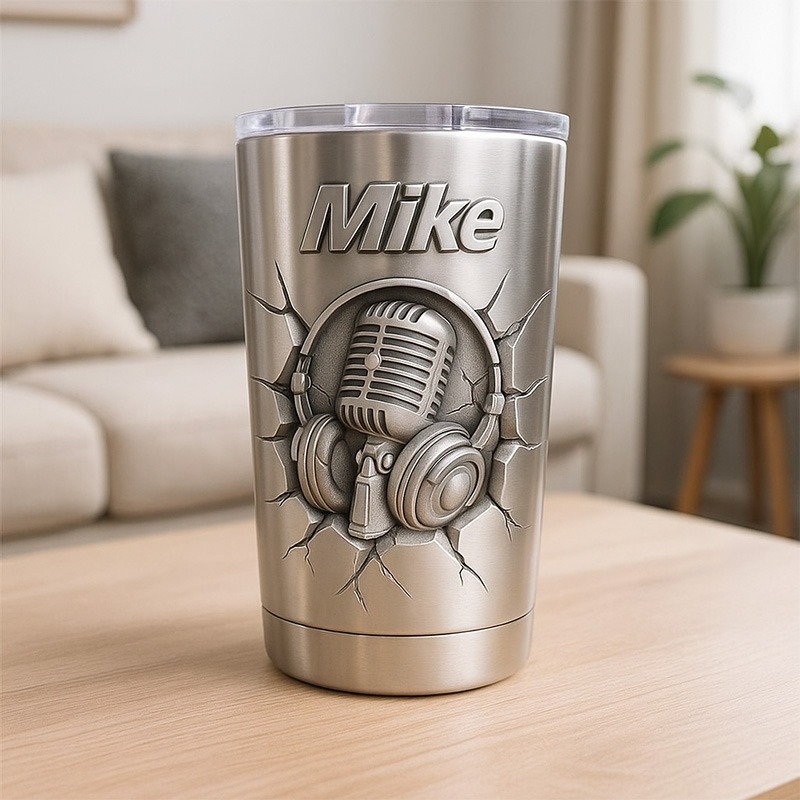 Personalized Headphones Microphones Stainless Steel Tumbler Custom Name Gift for Singer Music Lovers for Performances Birthdays Holiday Parties