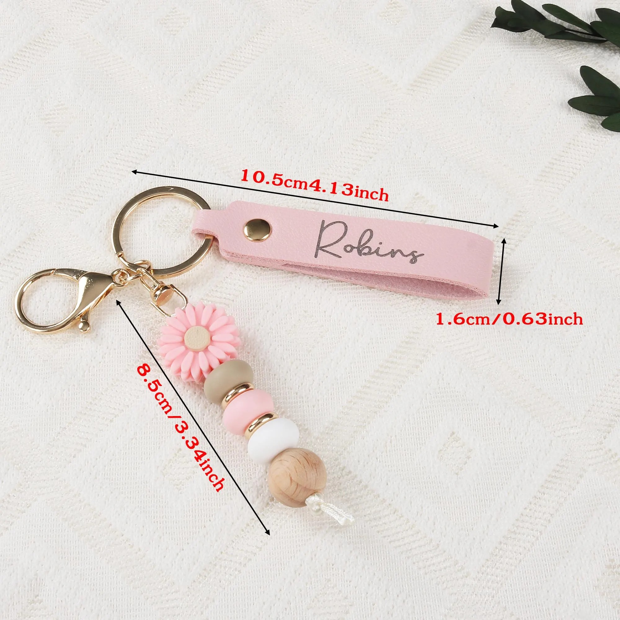 Personalized Daisy Keychain for Kids Custom Name Colorful Silicone Beads and Faux Leather Strap Daisy Beaded Keyring Flower Girl Gift