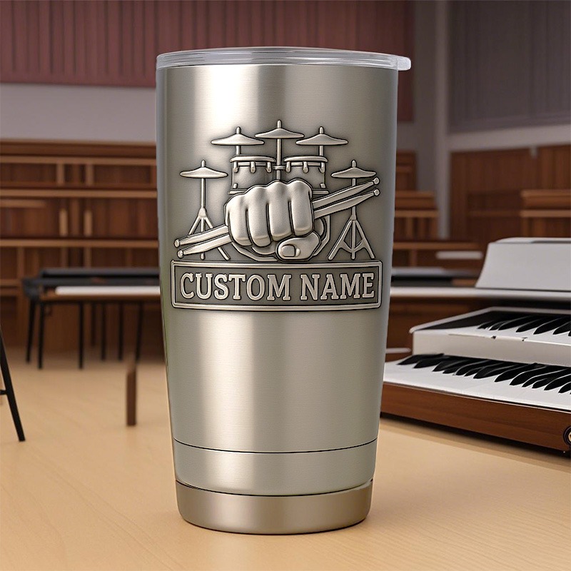 Personalized Drummer Instrument Stainless Steel Tumbler Custom Name Gift for Drummers Band Members Music Lovers for Performances Birthdays Holiday Parties