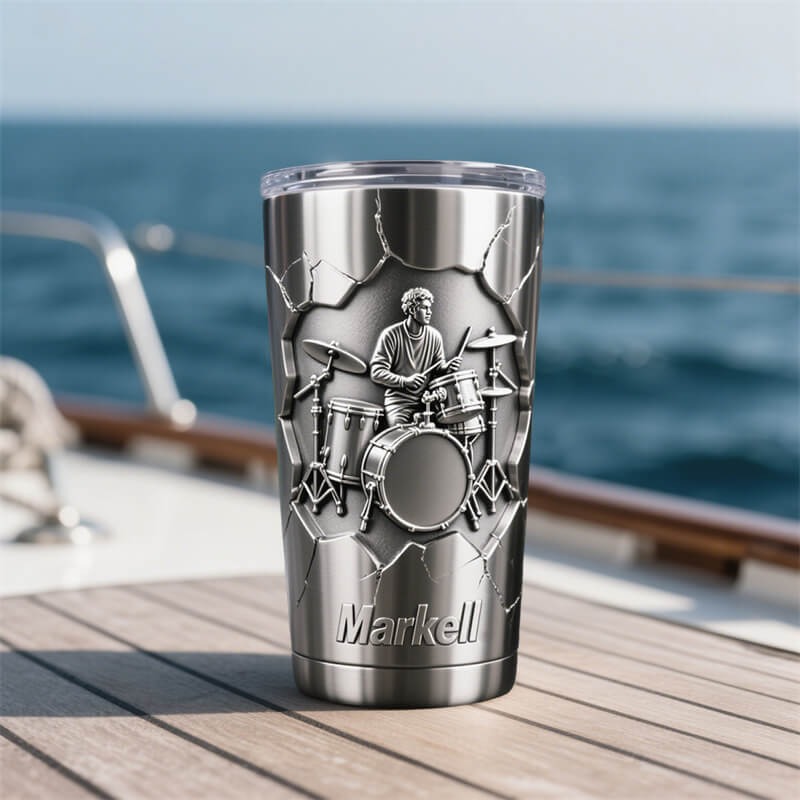 Personalized Drum Set Character Theme Stainless Steel Tumbler Custom Name Gift for Drummers Band Members Music Lovers for Performances Birthdays Holiday Parties