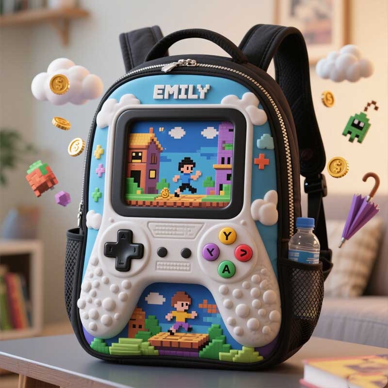 Personalized Children's Game Console Backpack Custom Name for Kids Game Lovers Birthday Black to School Christmas Gift