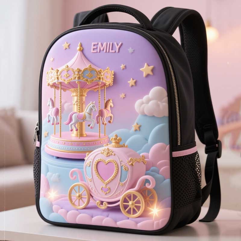 Personalized Kids Magic Fairytale Carousel Backpack Custom Name for Kids Magic Lovers Birthday Black to School Christmas Gift