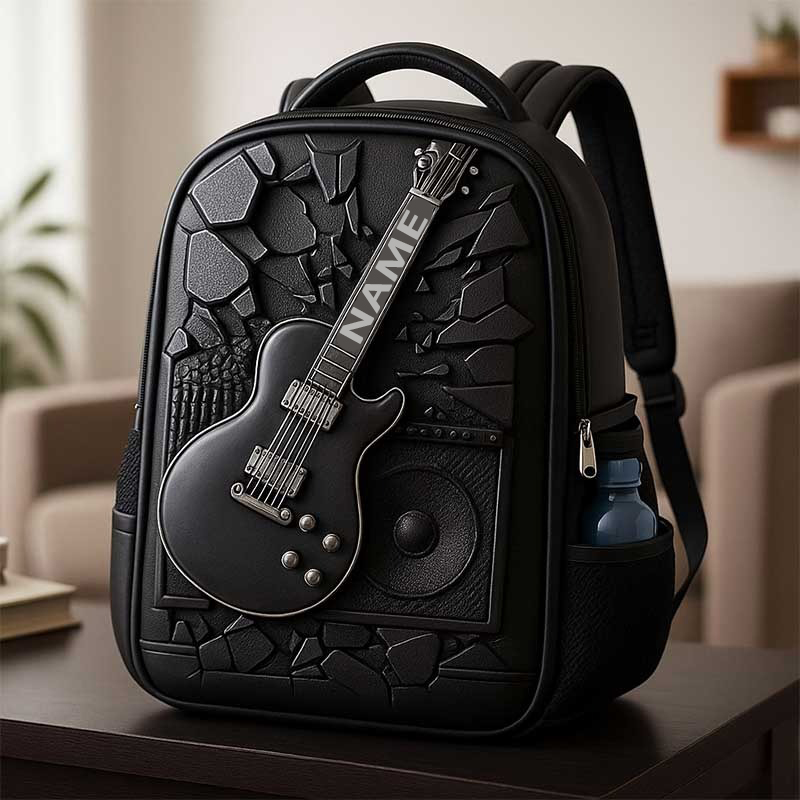 Personalized Guitar-Themed Schoolbag Custom Name for Kids Music Lovers Birthday Black to School Christmas Gift