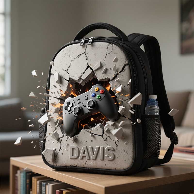 Personalized Game Controller Cracked Theme Backpack Custom Name for Kids Geek Game Lovers Birthday Black to School Christmas Gift