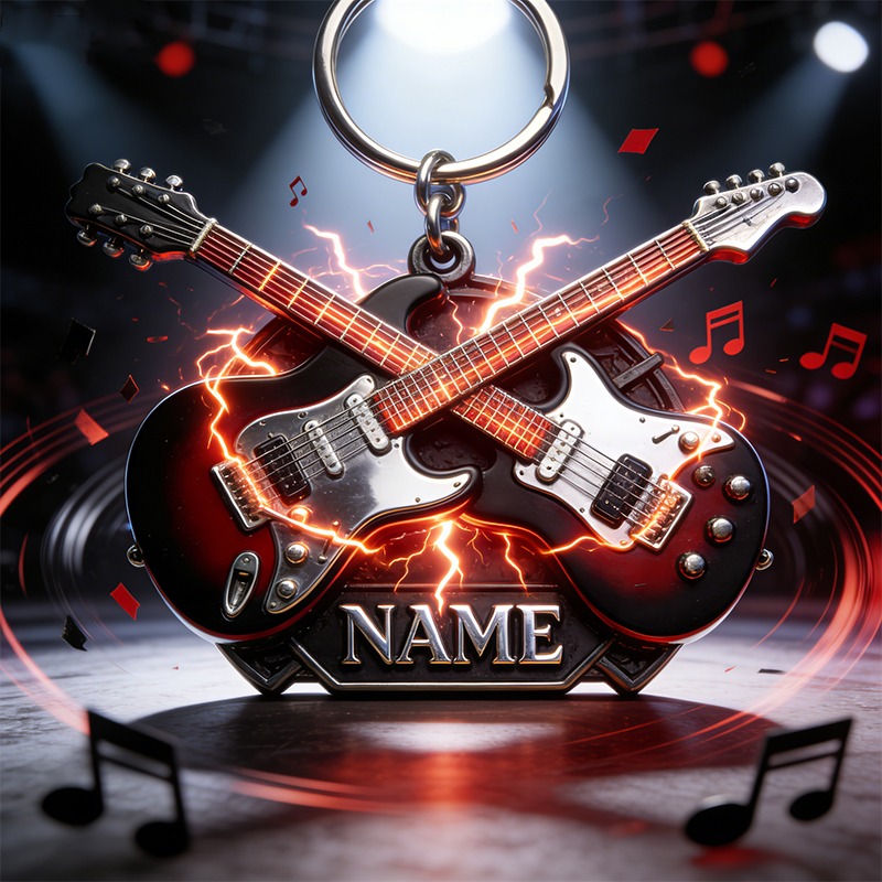 Personalized Electric Guitar Stage Lightning Theme Keychain Custom Name and Style Gift for Guitarist Music Lovers