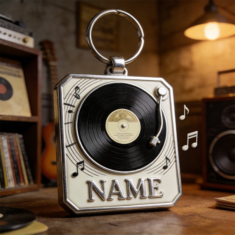 Personalized Vinyl Record Rotating Track Themed Keychain Custom Name and Style Gift for Music Lovers