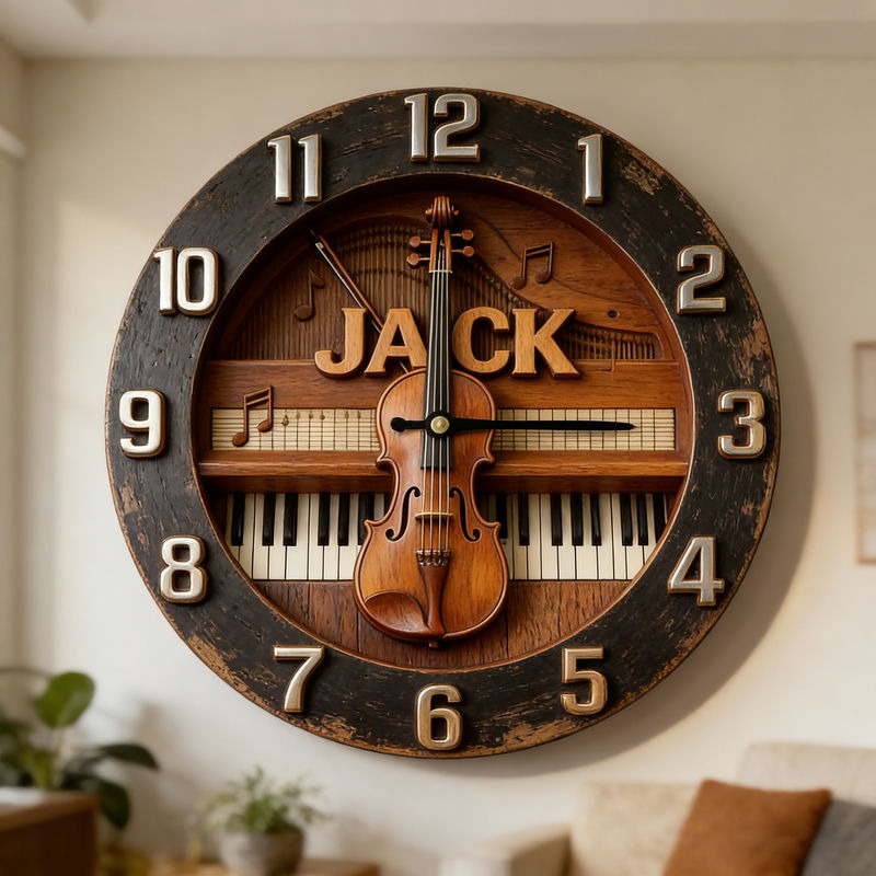Personalized Violin and Piano Music Themed Wall Clock Unique Custom Name and Style Gift for Music Lovers for Home and Music Studio
