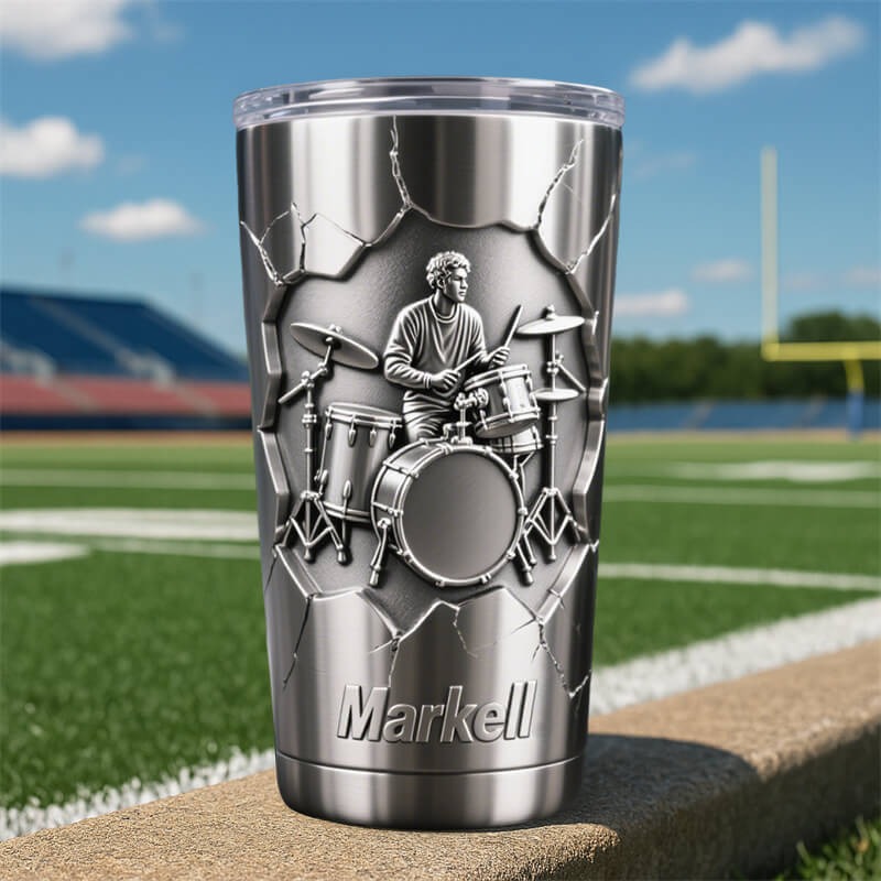 Personalized Drum Set Character Theme Stainless Steel Tumbler Custom Name Gift for Drummers Band Members Music Lovers for Performances Birthdays Holiday Parties
