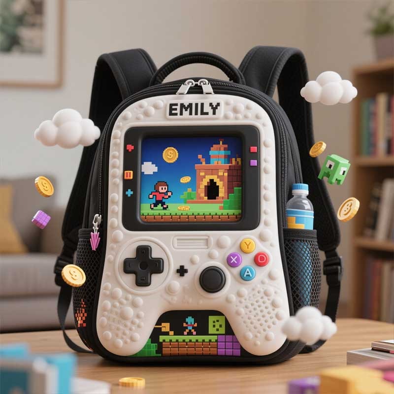 Personalized Children's Game Console Backpack Custom Name for Kids Game Lovers Birthday Black to School Christmas Gift