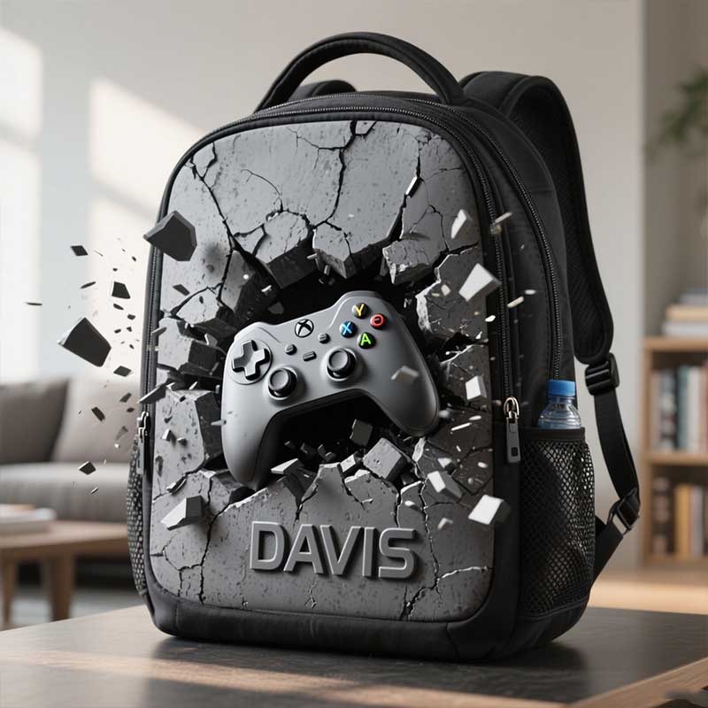Personalized Game Controller Cracked Theme Backpack Custom Name for Kids Geek Game Lovers Birthday Black to School Christmas Gift