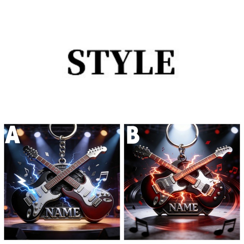 Personalized Electric Guitar Stage Lightning Theme Keychain Custom Name and Style Gift for Guitarist Music Lovers