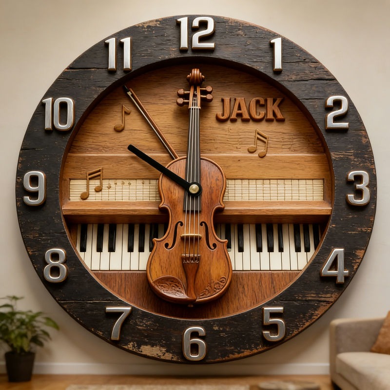 Personalized Violin and Piano Music Themed Wall Clock Unique Custom Name and Style Gift for Music Lovers for Home and Music Studio