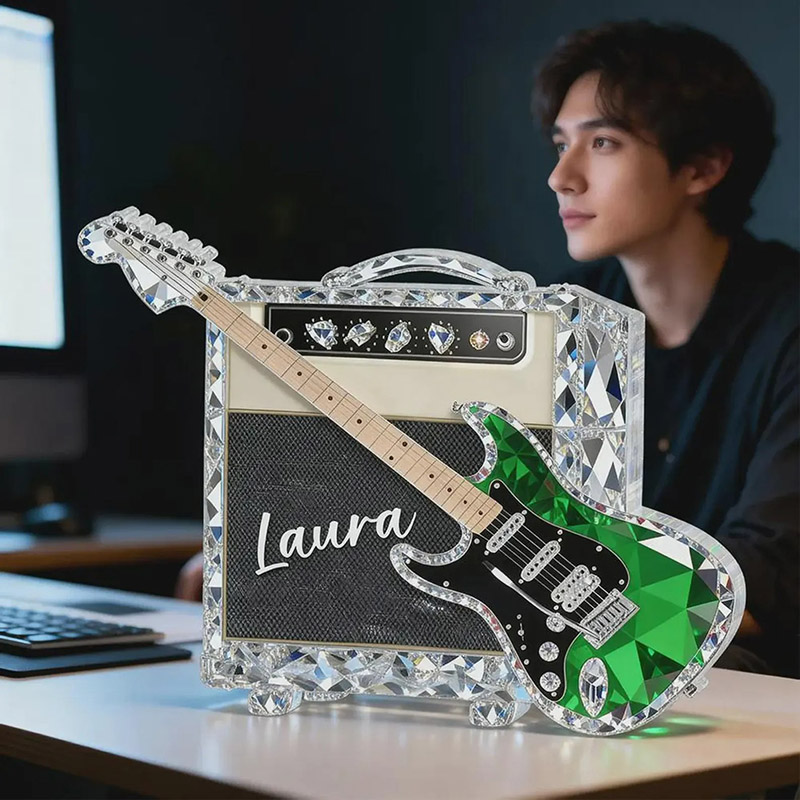 Personalized Guitar Music 3D Crystal Effect 2D Flat Acrylic Plaque Custom Name Guitar Plaque Guitar Home Decor Statue Gift for Guitarist
