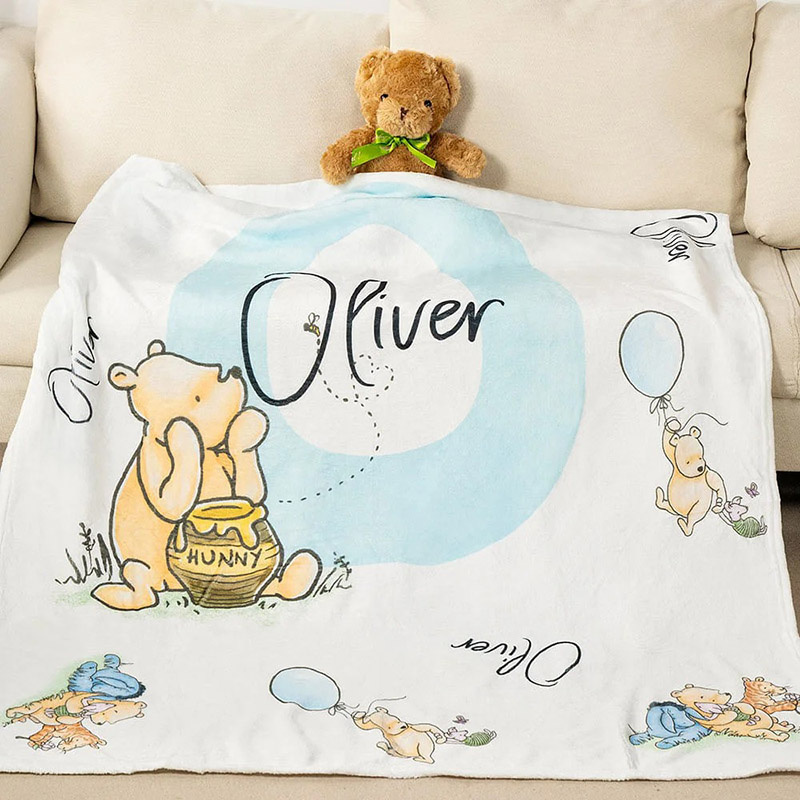 Personalized Soft Classic Winnie Bear Throw Blanket with Name and Initial Kids Gift for Birthday Holiday Baby Shower Receiving Gift for Newborns