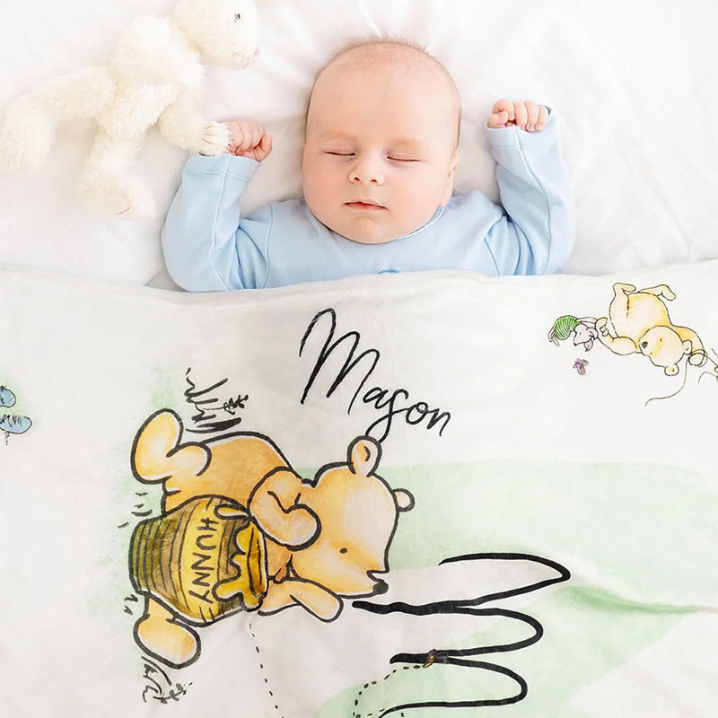 Personalized Soft Classic Winnie Bear Throw Blanket with Name and Initial Kids Gift for Birthday Holiday Baby Shower Receiving Gift for Newborns
