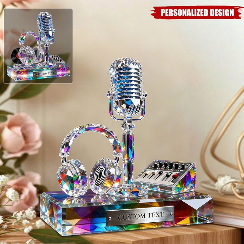 Personalized Microphone Headphone Acrylic Plaque Custom Name Microphone Headphone Plaque DJ Home Decor Statue Gift For Singer