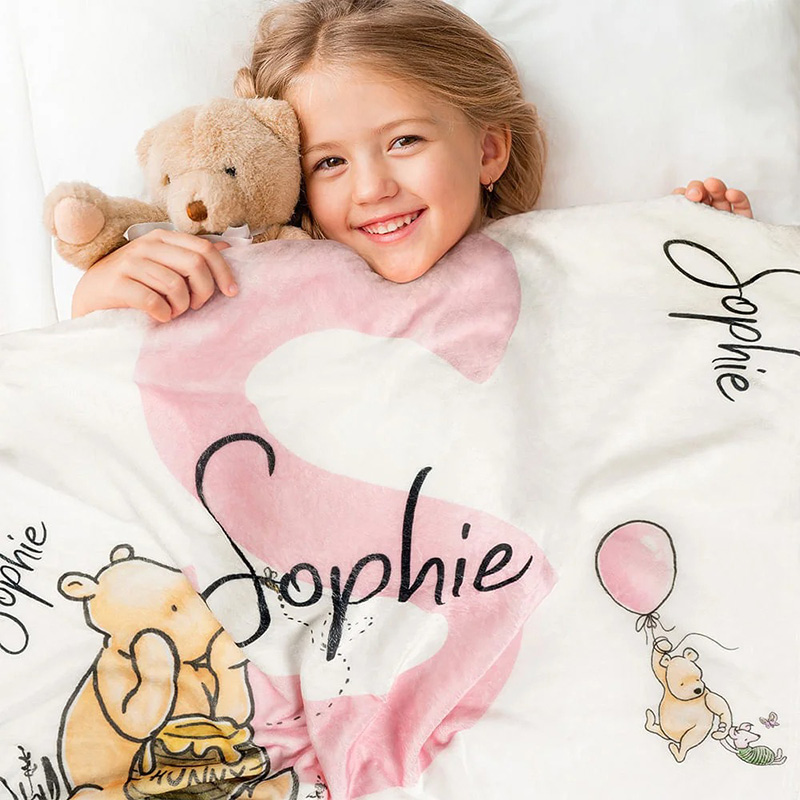 Personalized Soft Classic Winnie Bear Throw Blanket with Name and Initial Kids Gift for Birthday Holiday Baby Shower Receiving Gift for Newborns