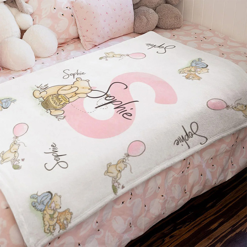 Personalized Soft Classic Winnie Bear Throw Blanket with Name and Initial Kids Gift for Birthday Holiday Baby Shower Receiving Gift for Newborns