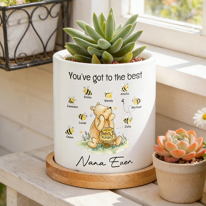 Personalized Classic Winnie the Pooh 1-10 Bees Ceramic Planter Pot with Names and Bamboo Tray Daily Use Mother's Day Gift for Mom Grandma