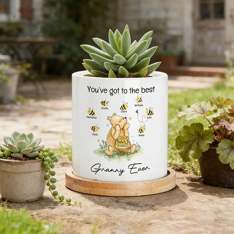 Personalized Classic Winnie the Pooh 1-10 Bees Ceramic Planter Pot with Names and Bamboo Tray Daily Use Mother's Day Gift for Mom Grandma
