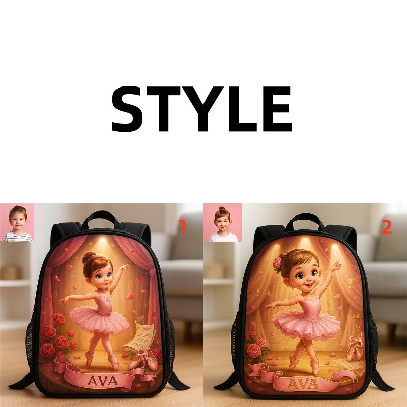 Personalized Ballet Girl Cartoon-Themed Schoolbag Custom Photo and Name for Kids Birthday Black to School Christmas Gift