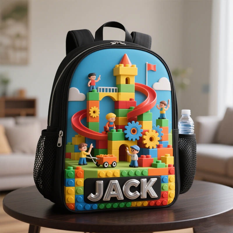 Personalized Children's Game Building Block Park Theme Schoolbag Custom Name for Kids Game Lovers Birthday Black to School Christmas Gift