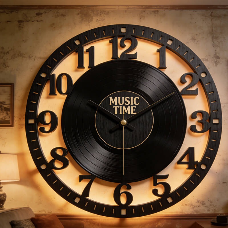 Personalized Vinyl Record Themed Wall Clock Unique Custom Title Gift for Music Lovers for Home and Live House