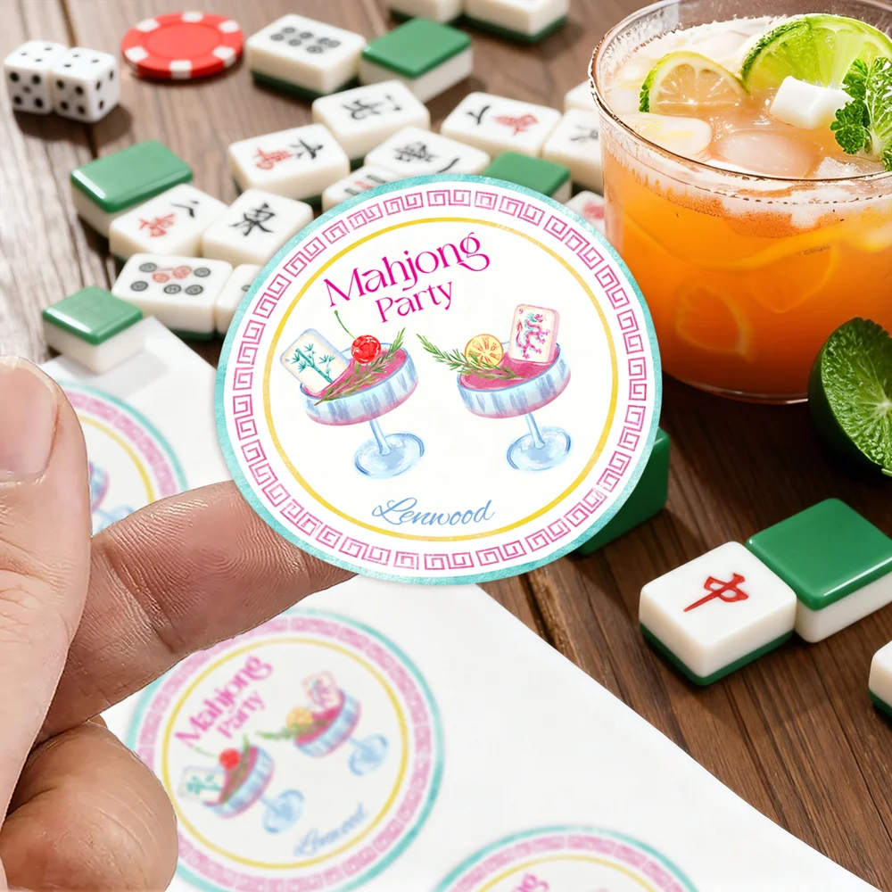 Personalized Mahjong Cocktail Pattern Waterproof Stickers with Name Gift Decor Mahjong Party Gift for Mahjong Lovers
