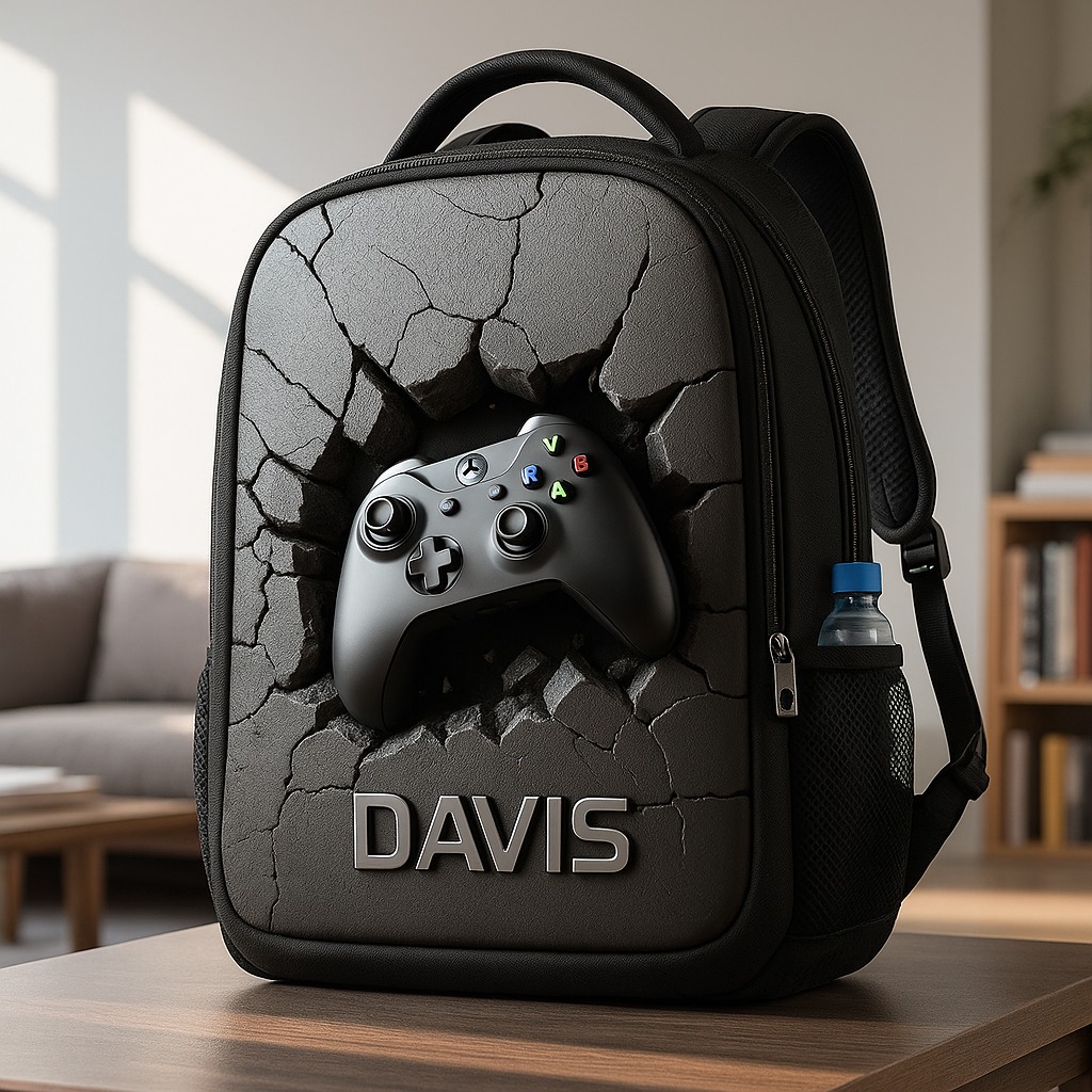 Personalized Game Controller Cracked Theme Backpack Custom Name for Kids Geek Game Lovers Birthday Black to School Christmas Gift
