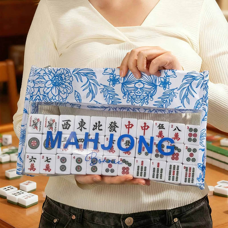 Personalized Blue and White Porcelain Mahjong Waterproof Storage Bag with Name Travel Accessory Birthday Gift for Mahjong Lovers