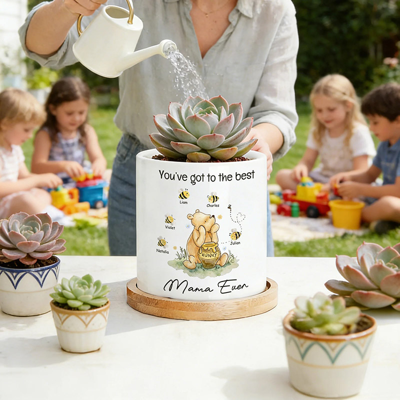 Personalized Classic Winnie the Pooh 1-10 Bees Ceramic Planter Pot with Names and Bamboo Tray Daily Use Mother's Day Gift for Mom Grandma