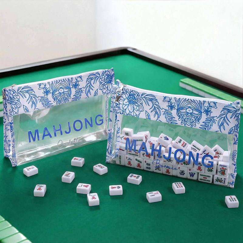 Personalized Blue and White Porcelain Mahjong Waterproof Storage Bag with Name Travel Accessory Birthday Gift for Mahjong Lovers