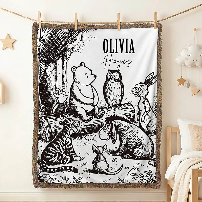 Personalized Vintage Classic Winnie Bear Friends Sketch Soft Throw Blanket with Name Baby Shower Birthday Gift for Newborns Toddlers Babies