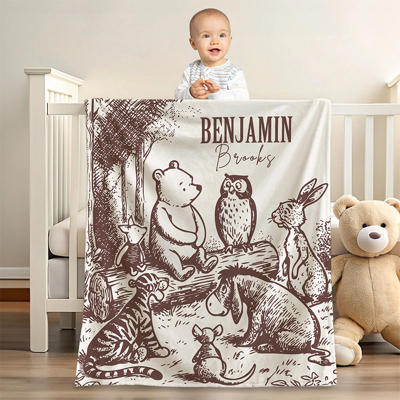 Personalized Vintage Classic Winnie Bear Friends Sketch Soft Throw Blanket with Name Baby Shower Birthday Gift for Newborns Toddlers Babies