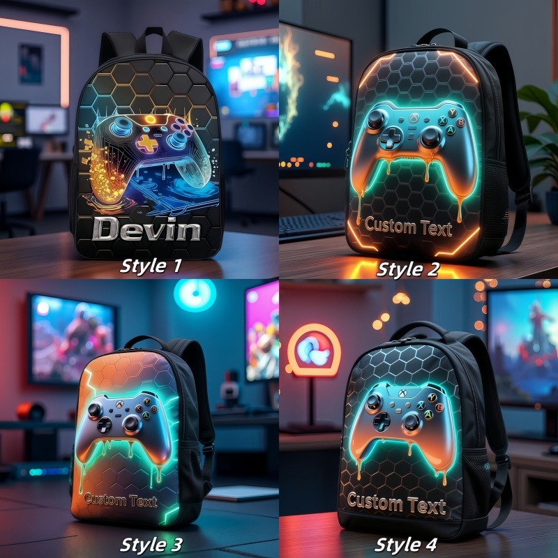 Personalized Gaming Controller Backpack Custom Name for Kids Geek Game Lovers Birthday Black to School Christmas Gift